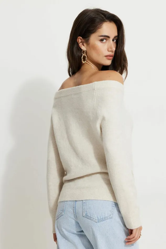 Women Dynamite Tops Heavenlyarn Off Shoulder Sweater Beige