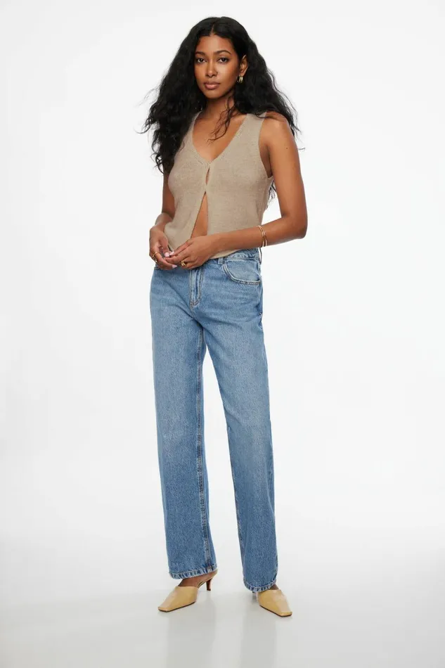 Women Dynamite Tops Keyhole Knit Vest Beige