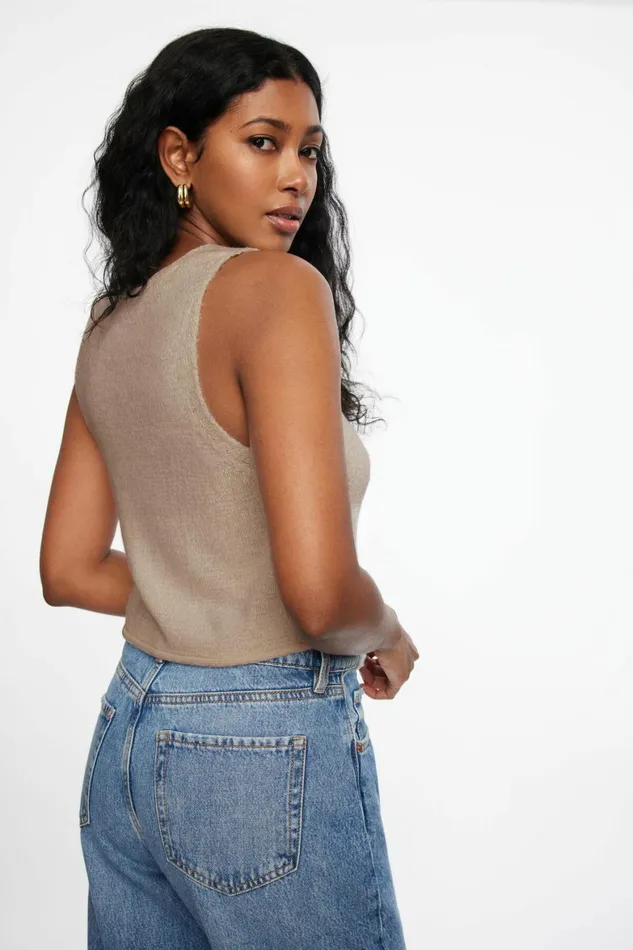 Women Dynamite Tops Keyhole Knit Vest Beige