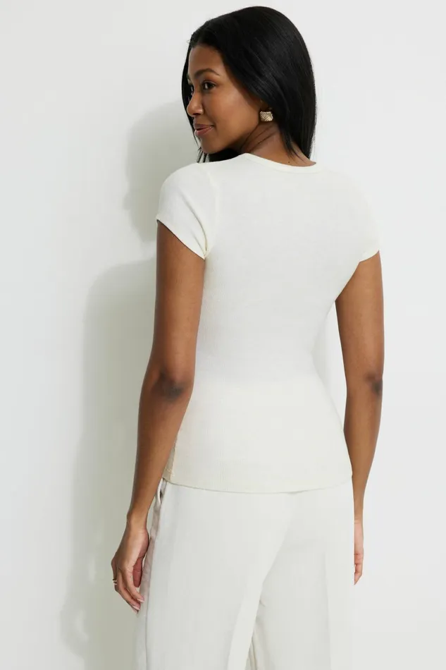Women Dynamite Tops Olive Ribbed Crewneck TShirt White
