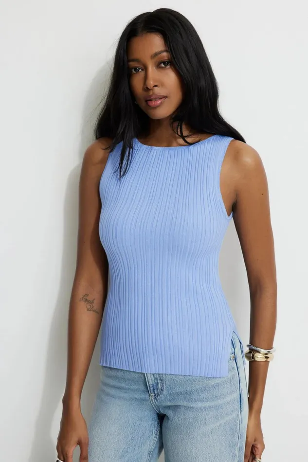 Women Dynamite Tops Ribbed Boat Neck Tank Top Blue