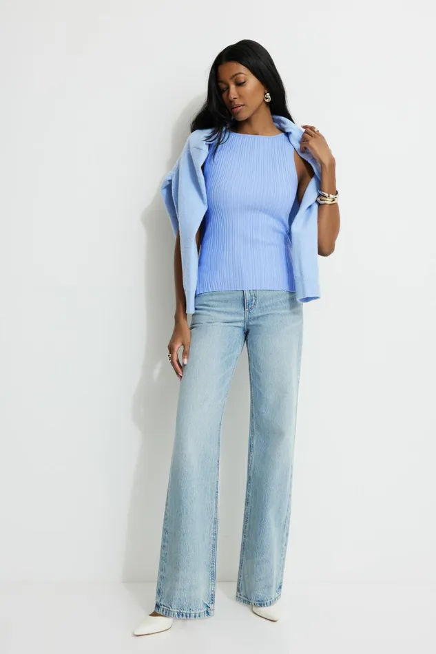 Women Dynamite Tops Ribbed Boat Neck Tank Top Blue