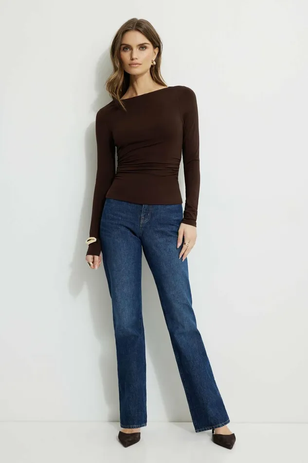 Women Dynamite Tops Stella Jersey Long Sleeve TShirt Brown