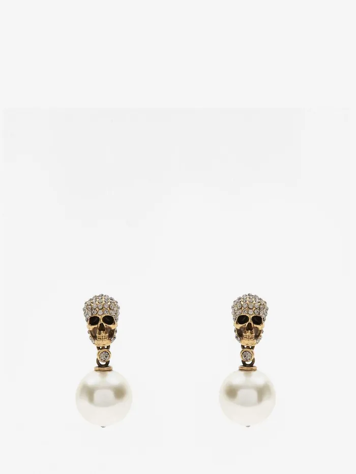 Women Earrings Alexander McQueen Pearl Pave Skull Earrings Antique Gold