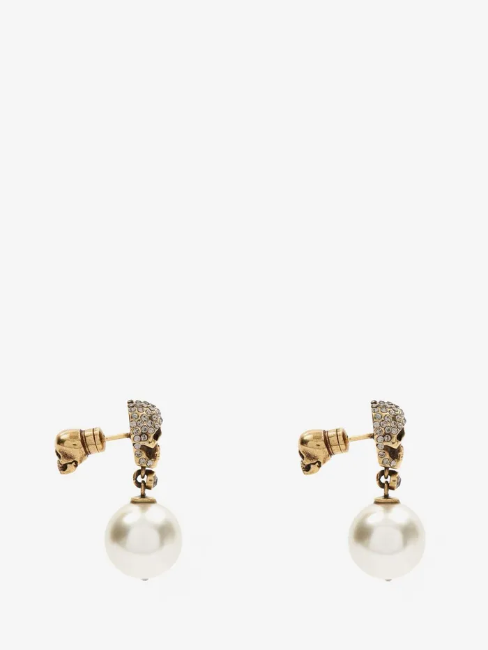 Women Earrings Alexander McQueen Pearl Pave Skull Earrings Antique Gold