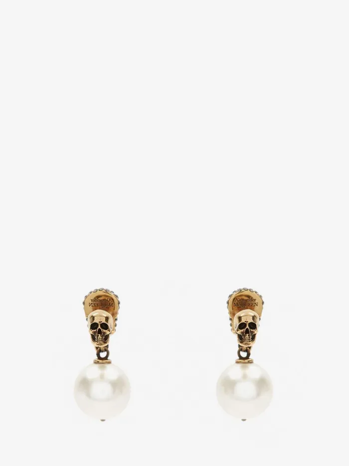 Women Earrings Alexander McQueen Pearl Pave Skull Earrings Antique Gold