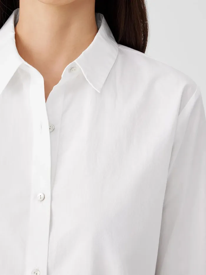 Women Eileen Fisher Dresses and Skirts Washed Organic Cotton Poplin Classic Collar Long Shirt White