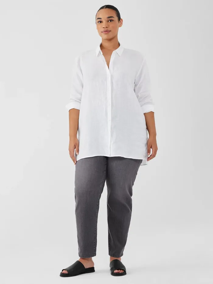 Women Eileen Fisher Dresses and Skirts Washed Organic Cotton Poplin Classic Collar Long Shirt White