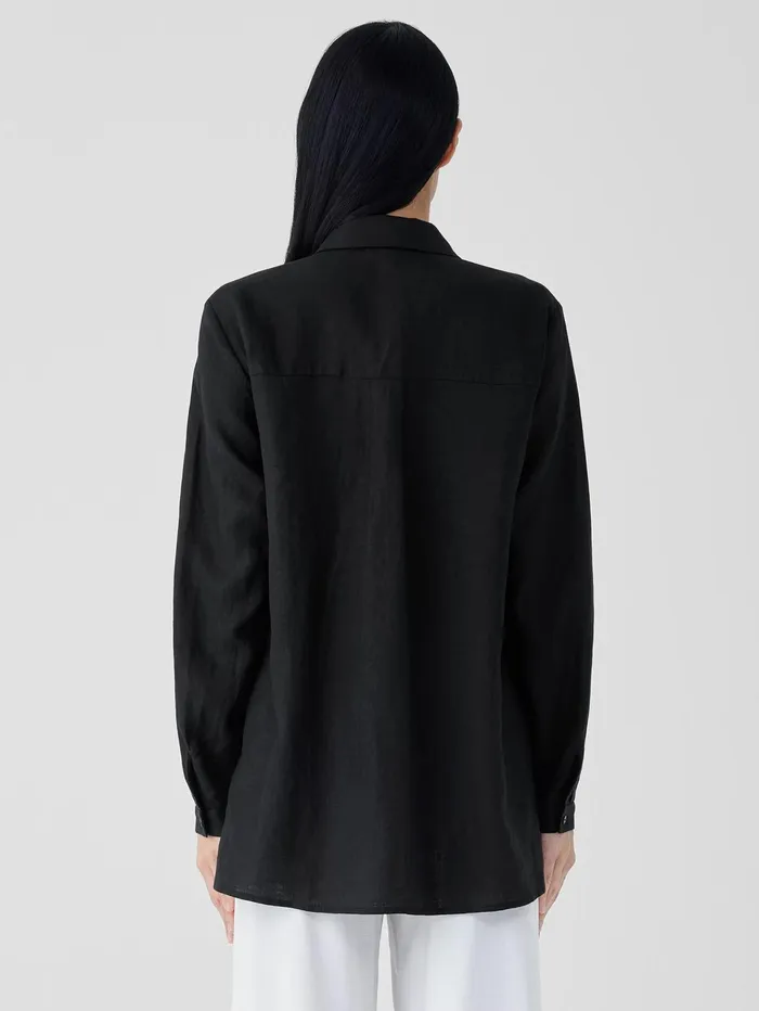 Women Eileen Fisher Tops and Tees Organic Handkerchief Linen Classic Collar Shirt Black