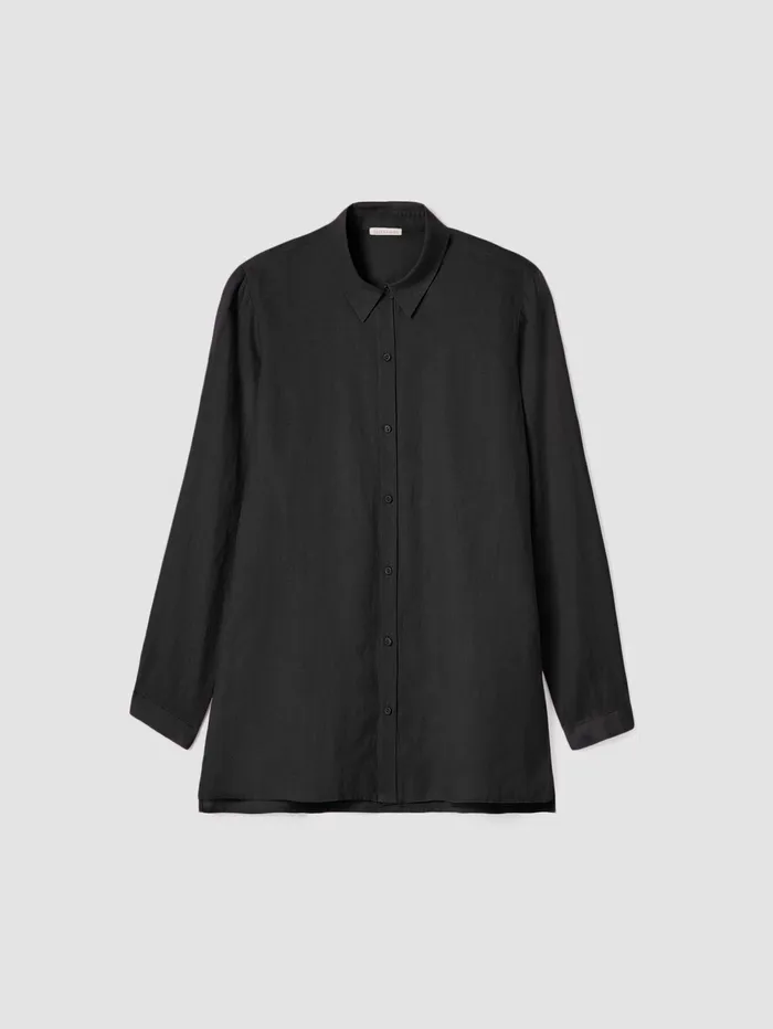 Women Eileen Fisher Tops and Tees Organic Handkerchief Linen Classic Collar Shirt Black
