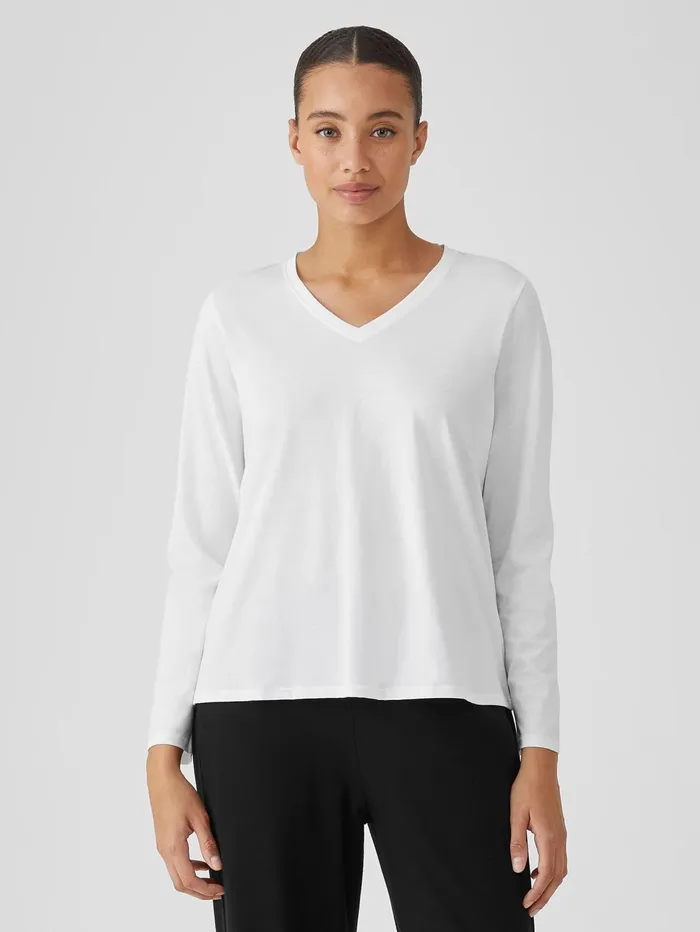 Women Eileen Fisher Tops and Tees Organic Pima Cotton Jersey VNeck Top White