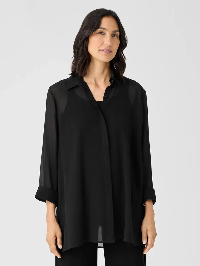 Women Eileen Fisher Tops and Tees Sheer Silk Georgette Classic Collar Shirt Black Women Eileen Fisher Tops and Tees Sheer Silk Georgette Classic Collar Shirt Black