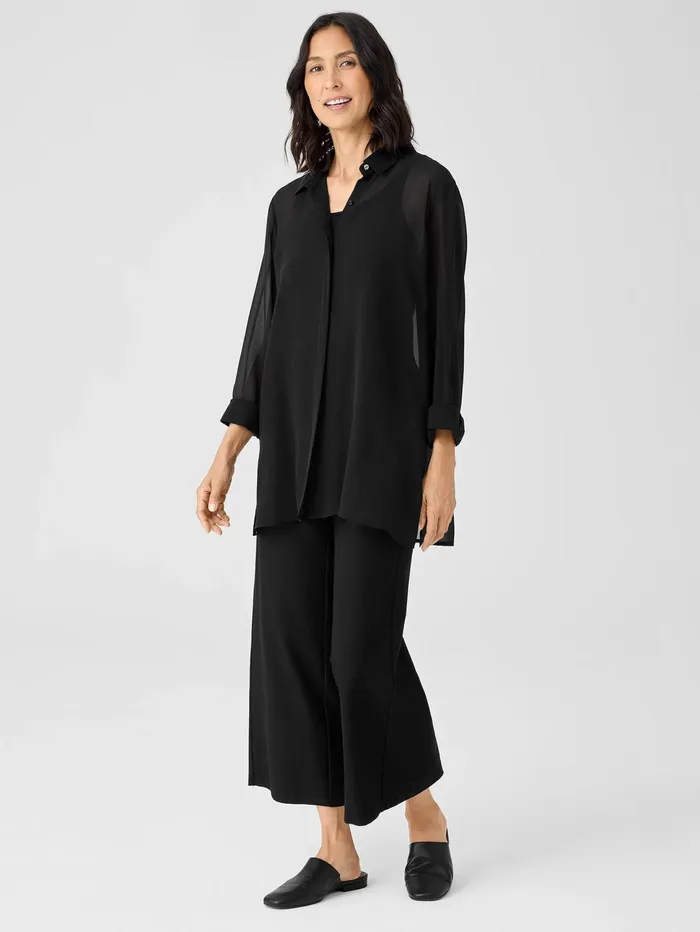 Women Eileen Fisher Tops and Tees Sheer Silk Georgette Classic Collar Shirt Black