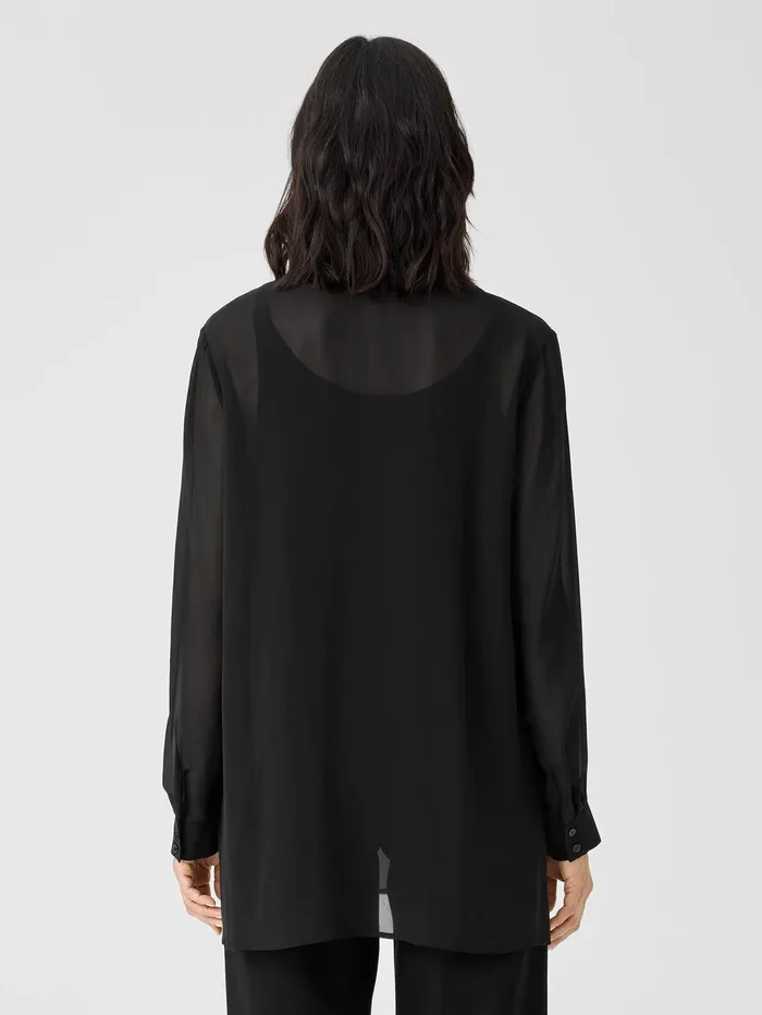 Women Eileen Fisher Tops and Tees Sheer Silk Georgette Classic Collar Shirt Black