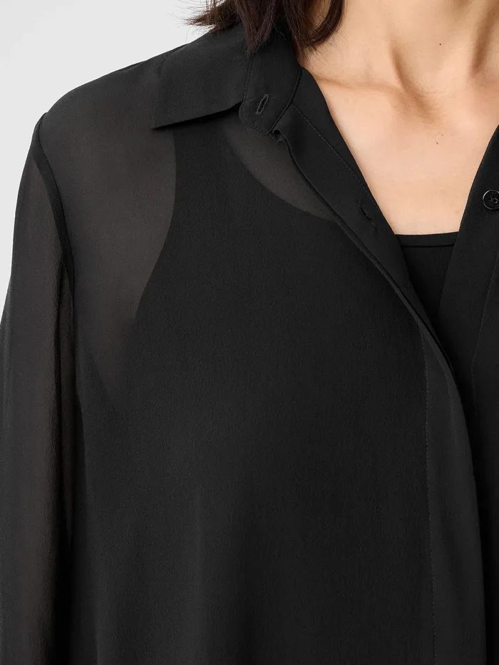 Women Eileen Fisher Tops and Tees Sheer Silk Georgette Classic Collar Shirt Black