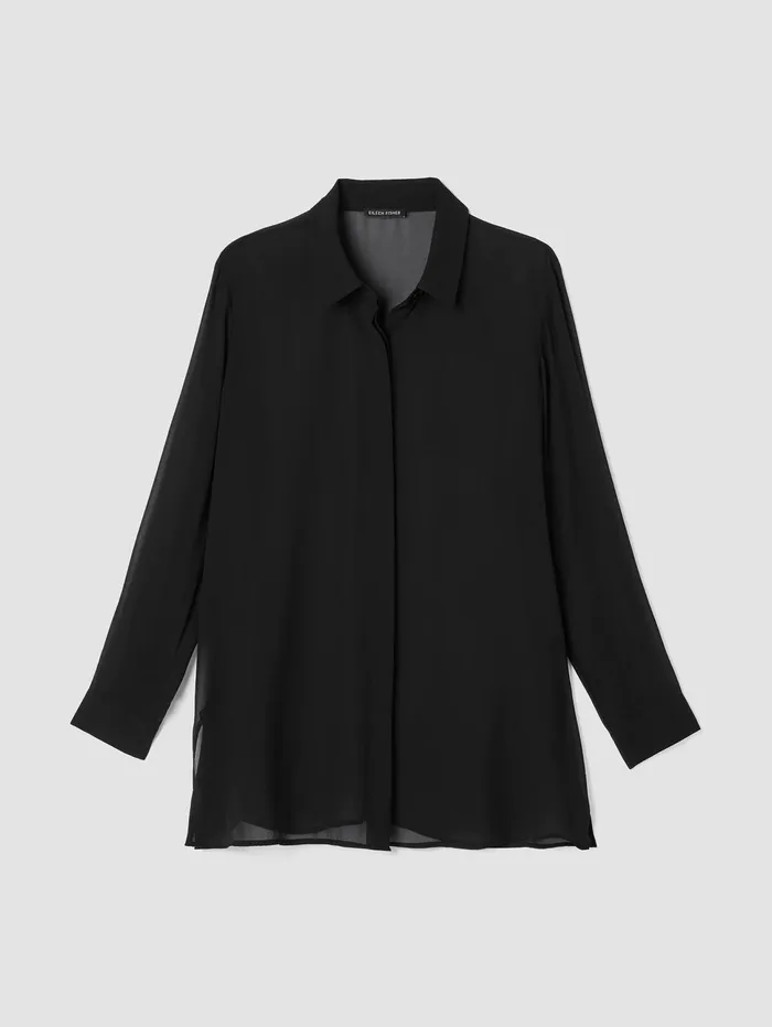 Women Eileen Fisher Tops and Tees Sheer Silk Georgette Classic Collar Shirt Black