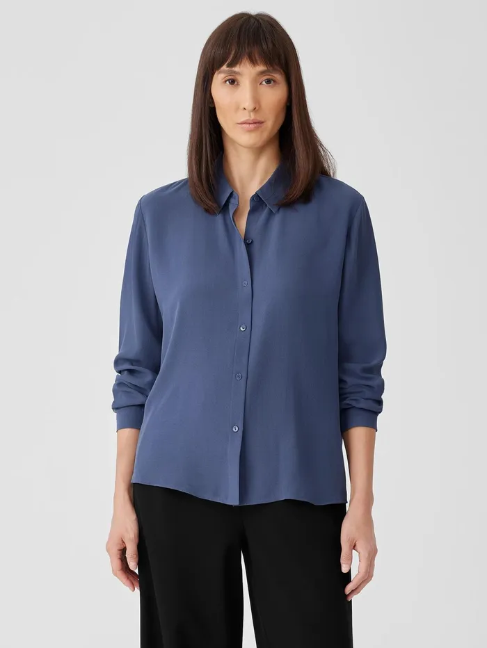 Women Eileen Fisher Tops and Tees Silk Georgette Crepe Classic Collar Shirt Twilight Women Eileen Fisher Tops and Tees Silk Georgette Crepe Classic Collar Shirt Twilight