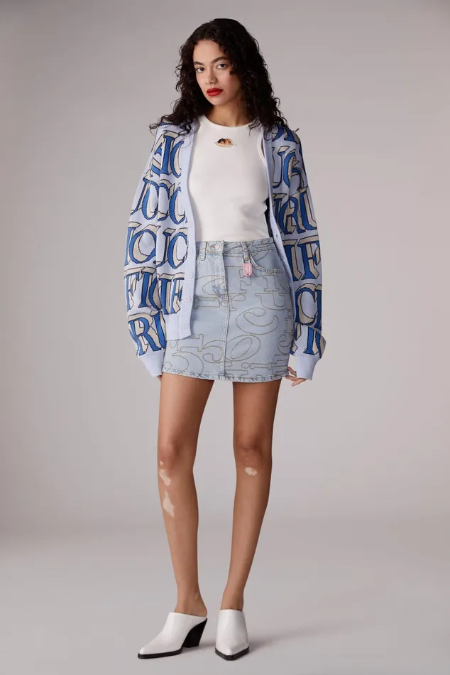 Women Fiorucci Jeans and Denim Embroidered Logo Denim Mini Skirt Light Vintage Women Fiorucci Jeans and Denim Embroidered Logo Denim Mini Skirt Light Vintage