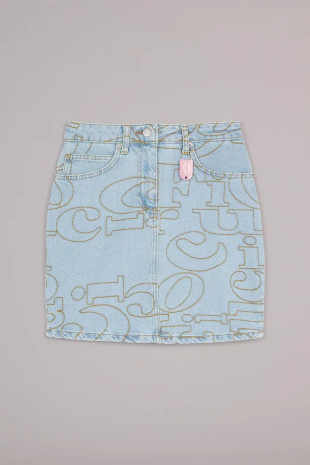 Women Fiorucci Jeans and Denim Embroidered Logo Denim Mini Skirt Light Vintage Women Fiorucci Jeans and Denim Embroidered Logo Denim Mini Skirt Light Vintage