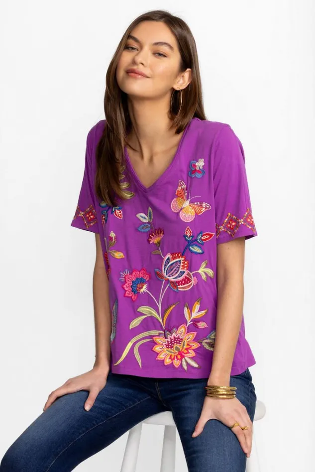 Women GRACEY TRAPUNTO VNECK TSHIRT Iris Johnny Was Tops Women GRACEY TRAPUNTO VNECK TSHIRT Iris Johnny Was Tops