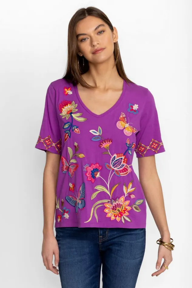 Women GRACEY TRAPUNTO VNECK TSHIRT Iris Johnny Was Tops Women GRACEY TRAPUNTO VNECK TSHIRT Iris Johnny Was Tops