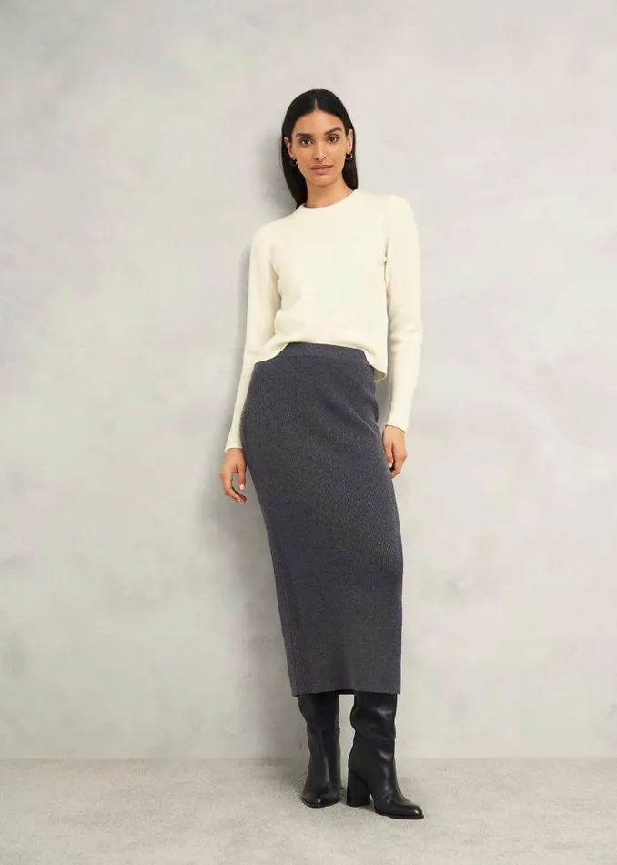 Women HOBBS Skirts Gaskell CoOrd Wool Cotton Skirt Dark Grey Marl