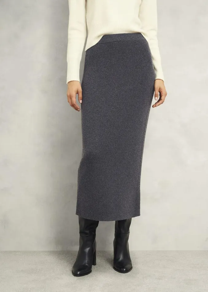 Women HOBBS Skirts Gaskell CoOrd Wool Cotton Skirt Dark Grey Marl