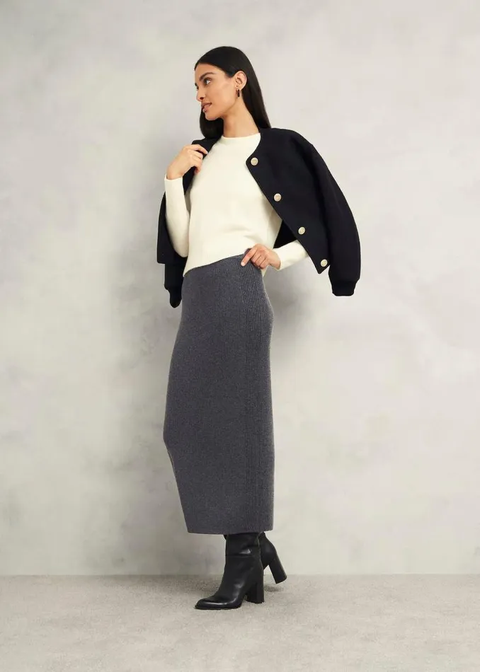 Women HOBBS Skirts Gaskell CoOrd Wool Cotton Skirt Dark Grey Marl
