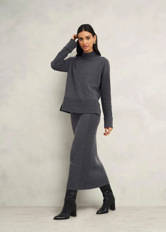 Women HOBBS Skirts Gaskell CoOrd Wool Cotton Skirt Dark Grey Marl