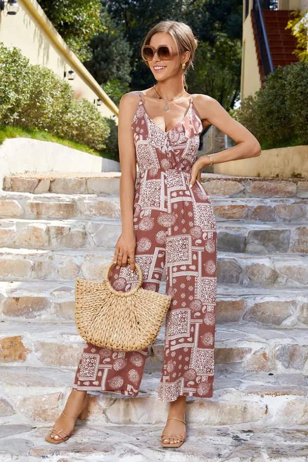 Women Jumpsuits and Rompers Cupshe Kaela Ethnic Print Vneck Jumpsuit Multicolor