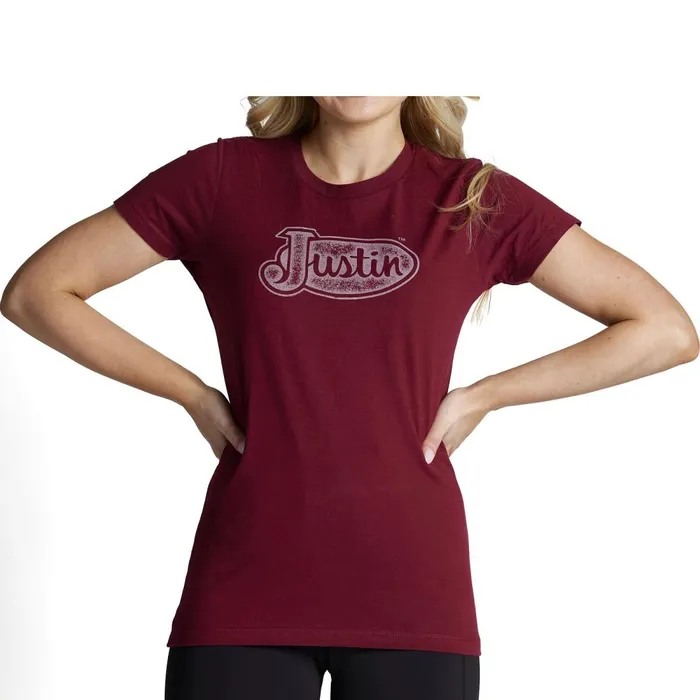 WOMEN Justin Logo Tee Burgundy Justin Boots TShirts and Tops