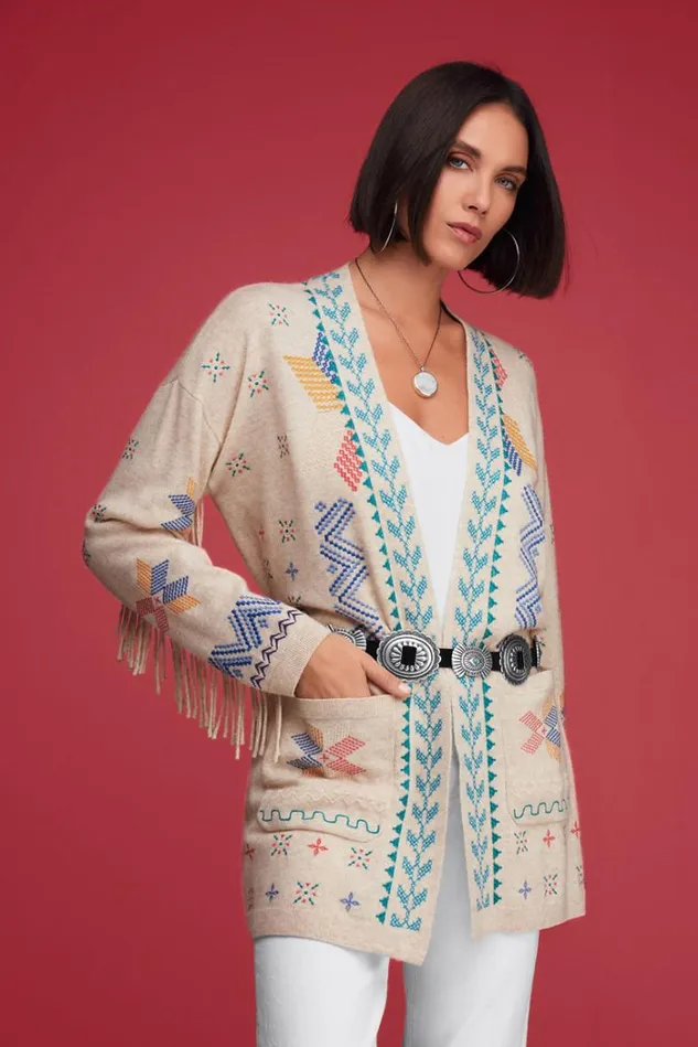 Women KATIE LONG CARDIGAN Ecru Johnny Was Outerwear Women KATIE LONG CARDIGAN Ecru Johnny Was Outerwear