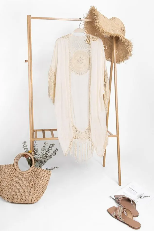 Women Kimono Cover Ups Cupshe Anne Crochet Fringe Hem Kimono Apricot