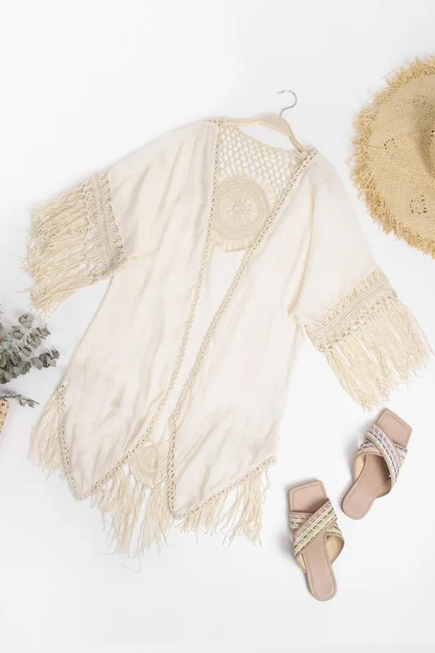 Women Kimono Cover Ups Cupshe Anne Crochet Fringe Hem Kimono Apricot