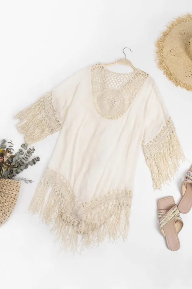 Women Kimono Cover Ups Cupshe Anne Crochet Fringe Hem Kimono Apricot