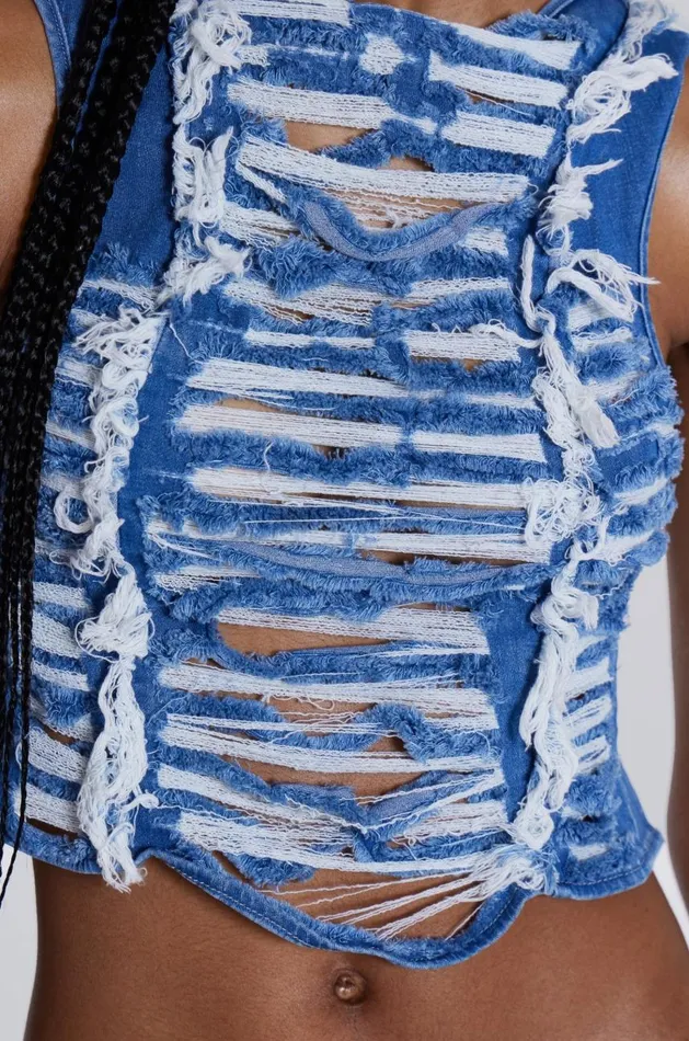 Women Knitted Denim Distressed High Neck Tank Top Jaded London CoOrds