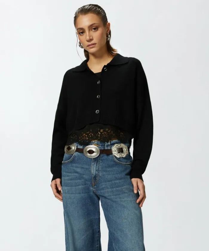 Women Knitwear Pinko Cashmereblend Cardigan With Satin And Lace Top Limo Black Women Knitwear Pinko Cashmereblend Cardigan With Satin And Lace Top Limo Black