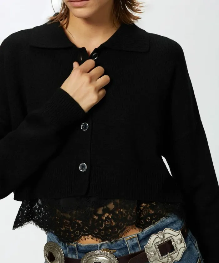 Women Knitwear Pinko Cashmereblend Cardigan With Satin And Lace Top Limo Black Women Knitwear Pinko Cashmereblend Cardigan With Satin And Lace Top Limo Black