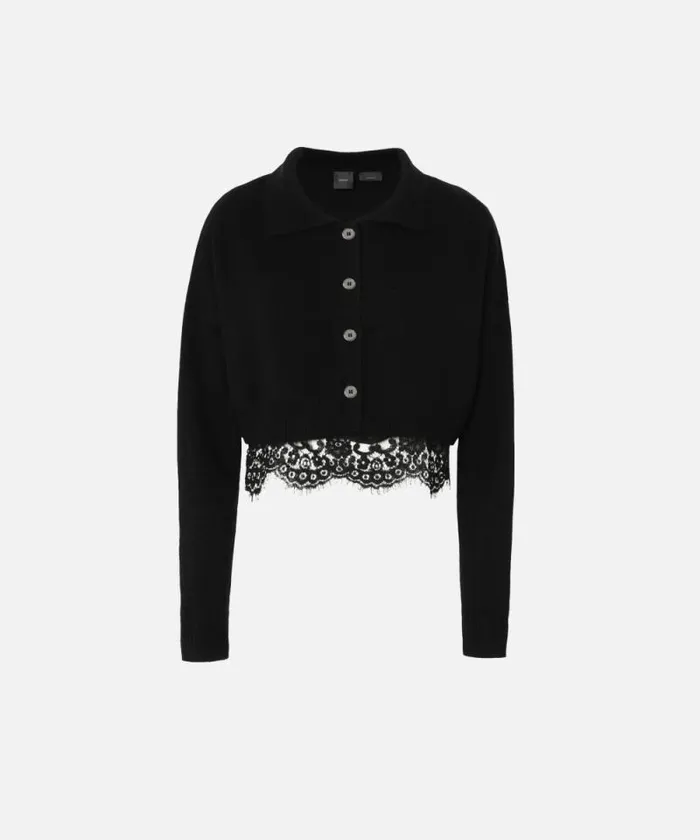 Women Knitwear Pinko Cashmereblend Cardigan With Satin And Lace Top Limo Black Women Knitwear Pinko Cashmereblend Cardigan With Satin And Lace Top Limo Black