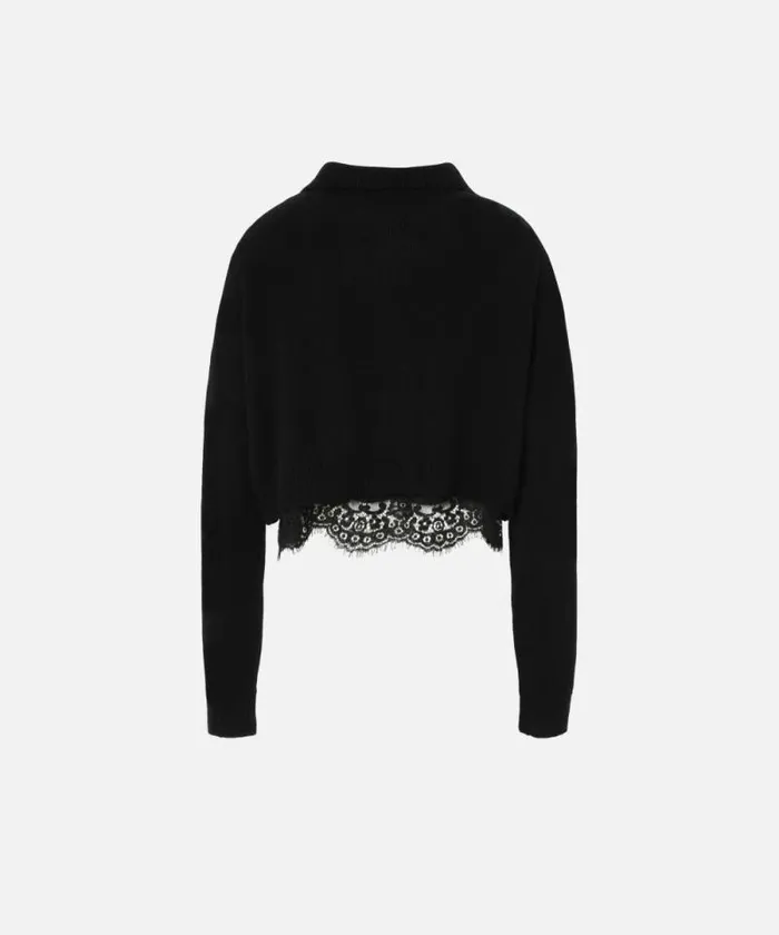 Women Knitwear Pinko Cashmereblend Cardigan With Satin And Lace Top Limo Black Women Knitwear Pinko Cashmereblend Cardigan With Satin And Lace Top Limo Black