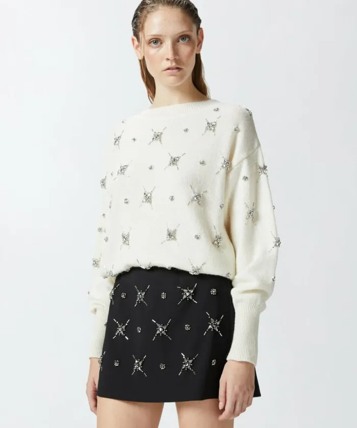 Women Knitwear Pinko Elegant Sweater With Rhinestone Jewel Embroidery Meringue White Women Knitwear Pinko Elegant Sweater With Rhinestone Jewel Embroidery Meringue White