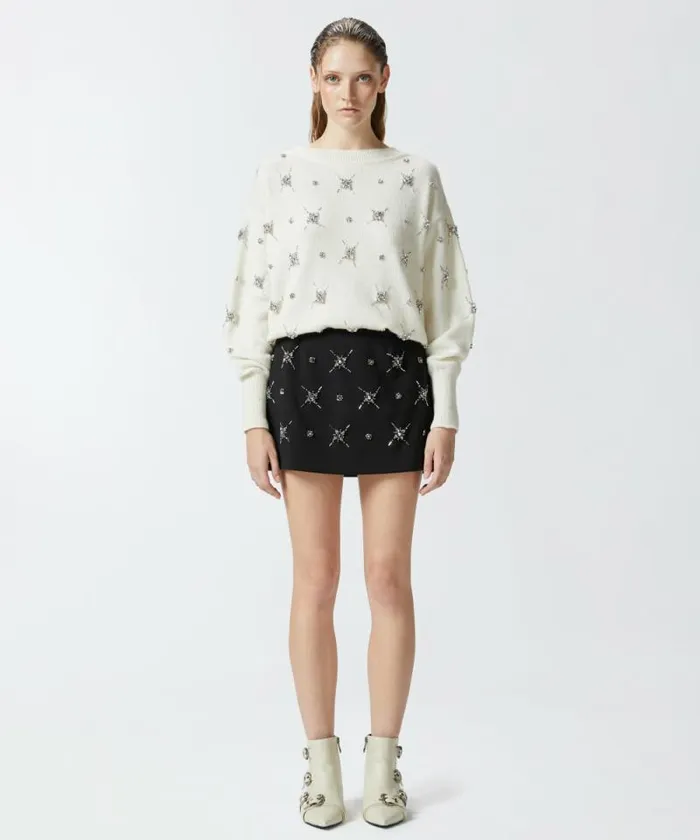 Women Knitwear Pinko Elegant Sweater With Rhinestone Jewel Embroidery Meringue White Women Knitwear Pinko Elegant Sweater With Rhinestone Jewel Embroidery Meringue White