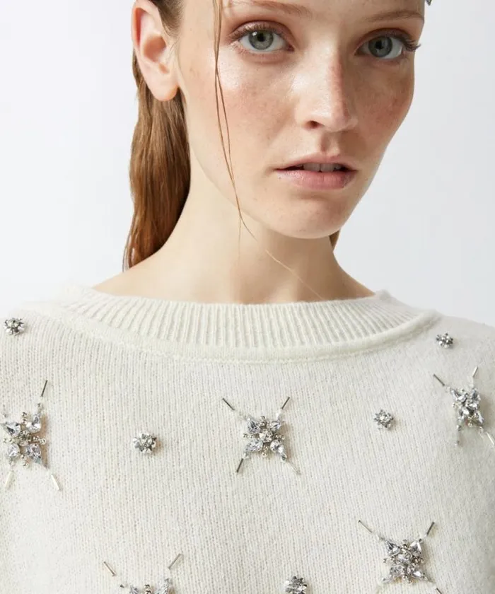 Women Knitwear Pinko Elegant Sweater With Rhinestone Jewel Embroidery Meringue White Women Knitwear Pinko Elegant Sweater With Rhinestone Jewel Embroidery Meringue White