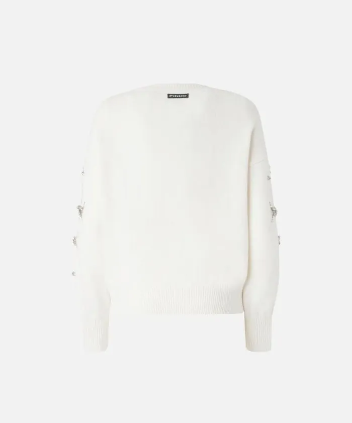 Women Knitwear Pinko Elegant Sweater With Rhinestone Jewel Embroidery Meringue White Women Knitwear Pinko Elegant Sweater With Rhinestone Jewel Embroidery Meringue White