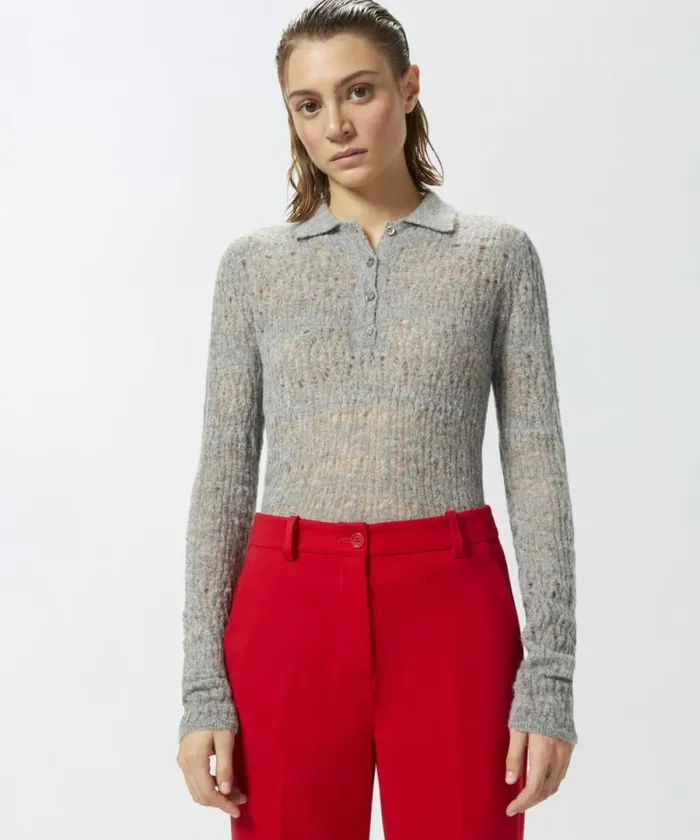 Women Knitwear Pinko Longsleeved Laceeffect Poloshirt Frost Grey