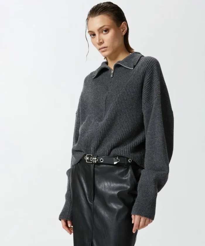 Women Knitwear Pinko Ribbed Jumper With Zip Neck Greycrow Women Knitwear Pinko Ribbed Jumper With Zip Neck Greycrow