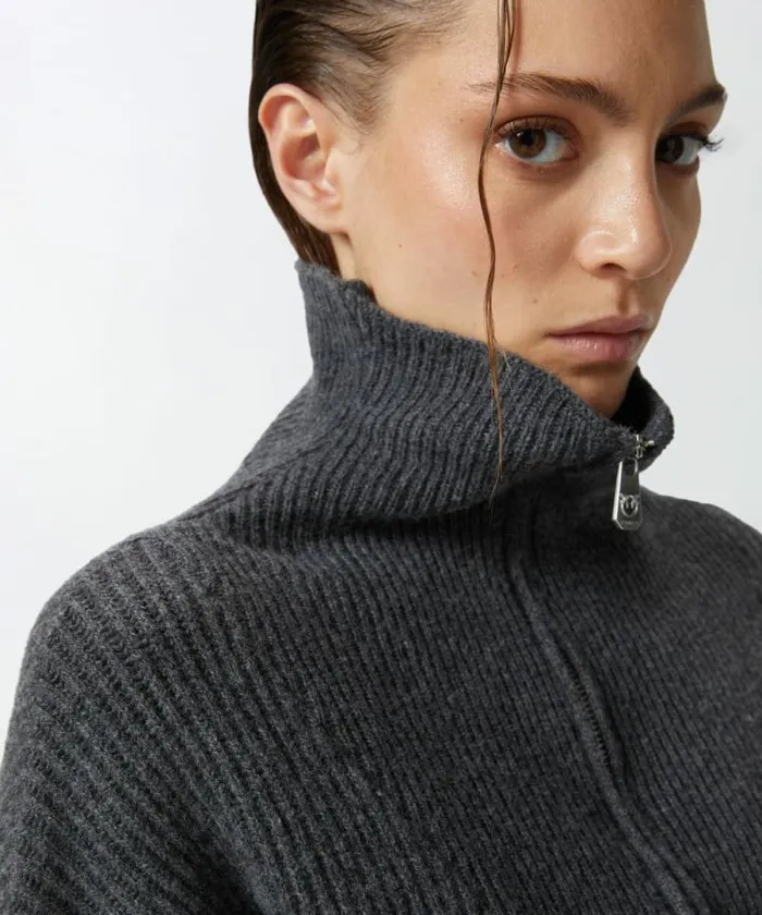 Women Knitwear Pinko Ribbed Jumper With Zip Neck Greycrow Women Knitwear Pinko Ribbed Jumper With Zip Neck Greycrow