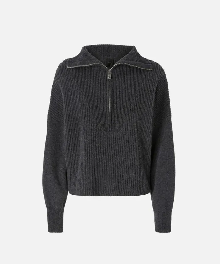 Women Knitwear Pinko Ribbed Jumper With Zip Neck Greycrow Women Knitwear Pinko Ribbed Jumper With Zip Neck Greycrow