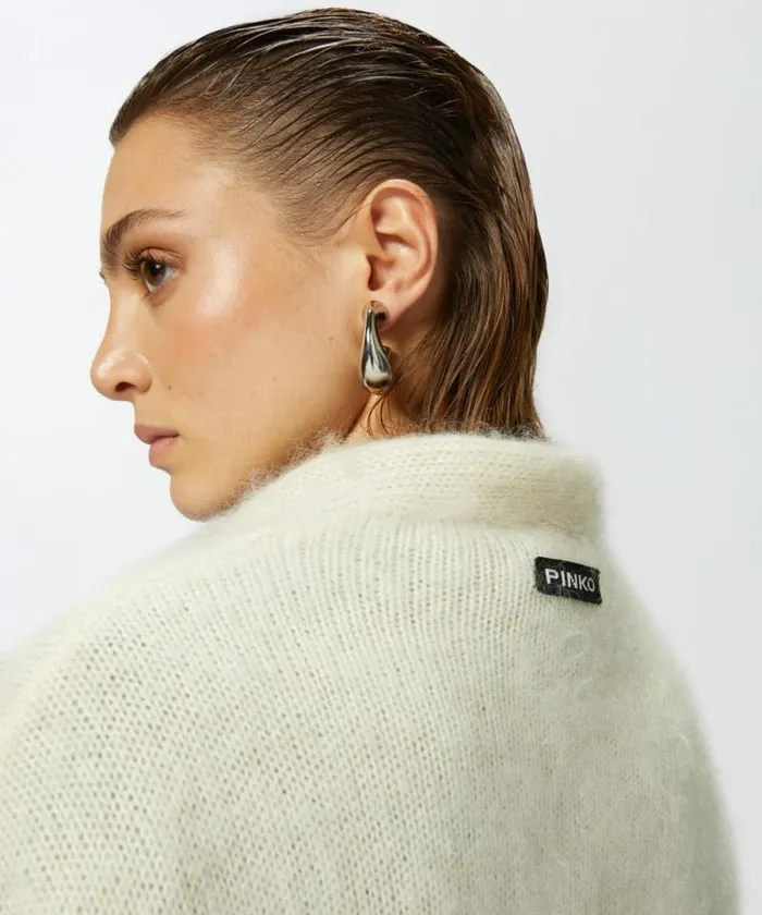 Women Knitwear Pinko Soft Cashmere And Mohair Cardigan With Pockets Meringue White Women Knitwear Pinko Soft Cashmere And Mohair Cardigan With Pockets Meringue White