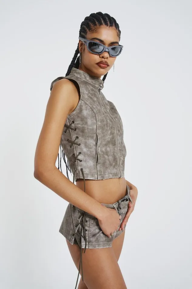Women Lace Up Side Sleeveless PU Jacket Jaded London CoOrds
